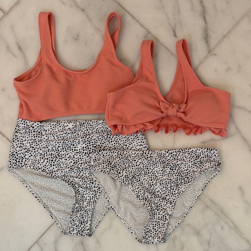 SHEIN Coral and Black Polka Dot Girls Swim Set